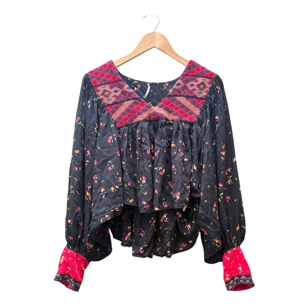 Free People Black and Red Embellished Long Sleeve Blouse - Picture 2 of 5